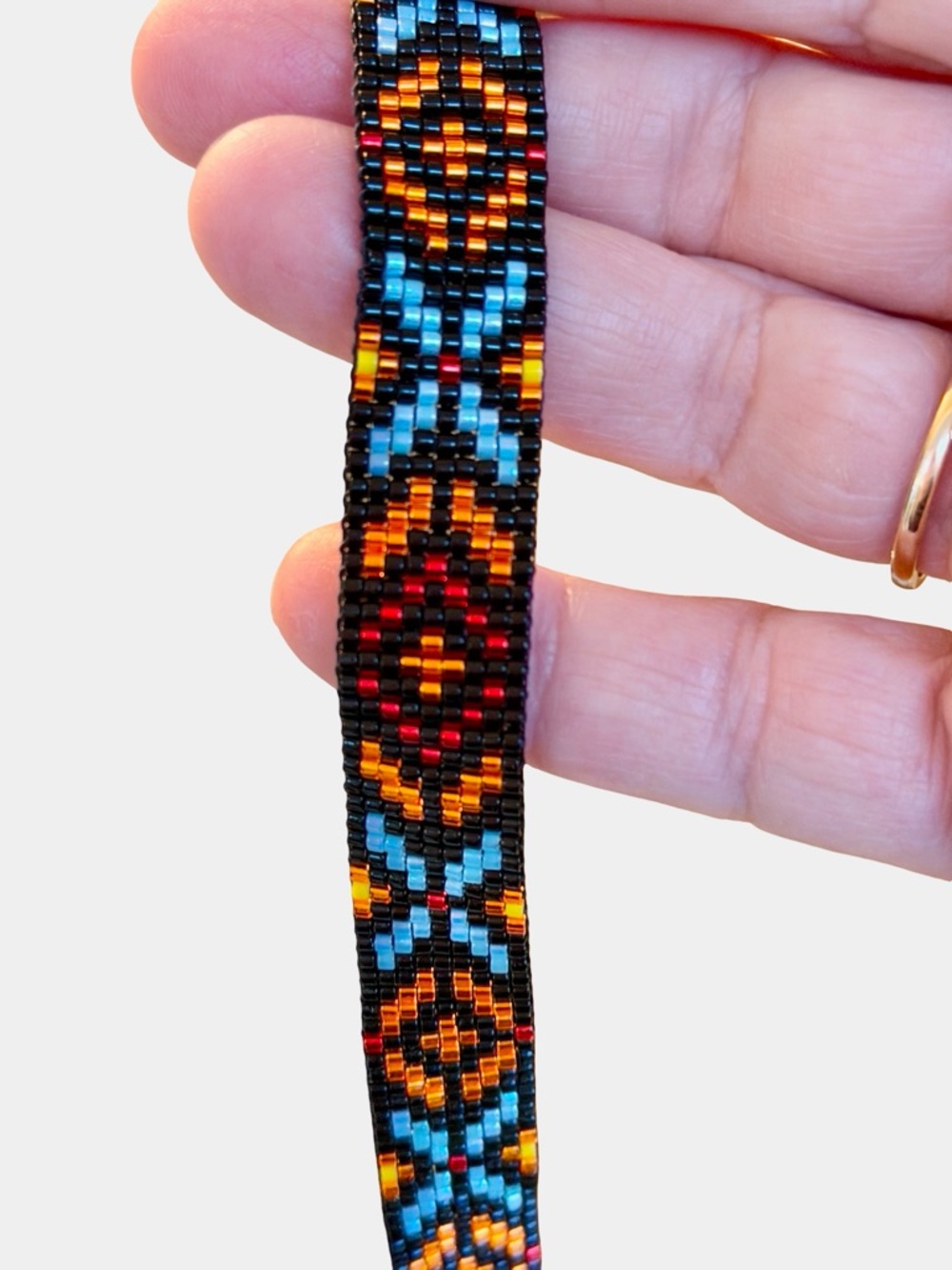 Geometric Beaded Bracelet | Turquoise Gold Garnet | Handmade Loom - Picture 2 of 7